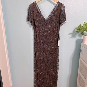 Pisarro Nights Gray Beaded Mesh Column Gown sz 14